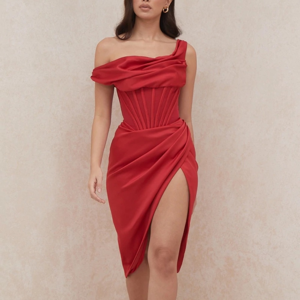 House of CB 'LULU' RED ASYMMETRIC DRAPE MIDI CORSET DRESS